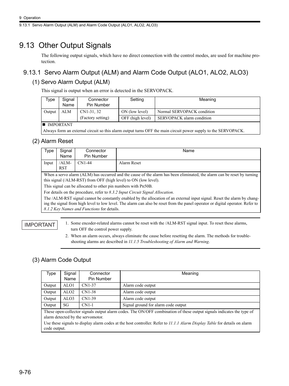 13 other output signals, 13 other output signals -76, 1) servo alarm output (alm) | 2) alarm reset, 3) alarm code output | Yaskawa SGDH Linear Sigma Series User Manual | Page 320 / 425