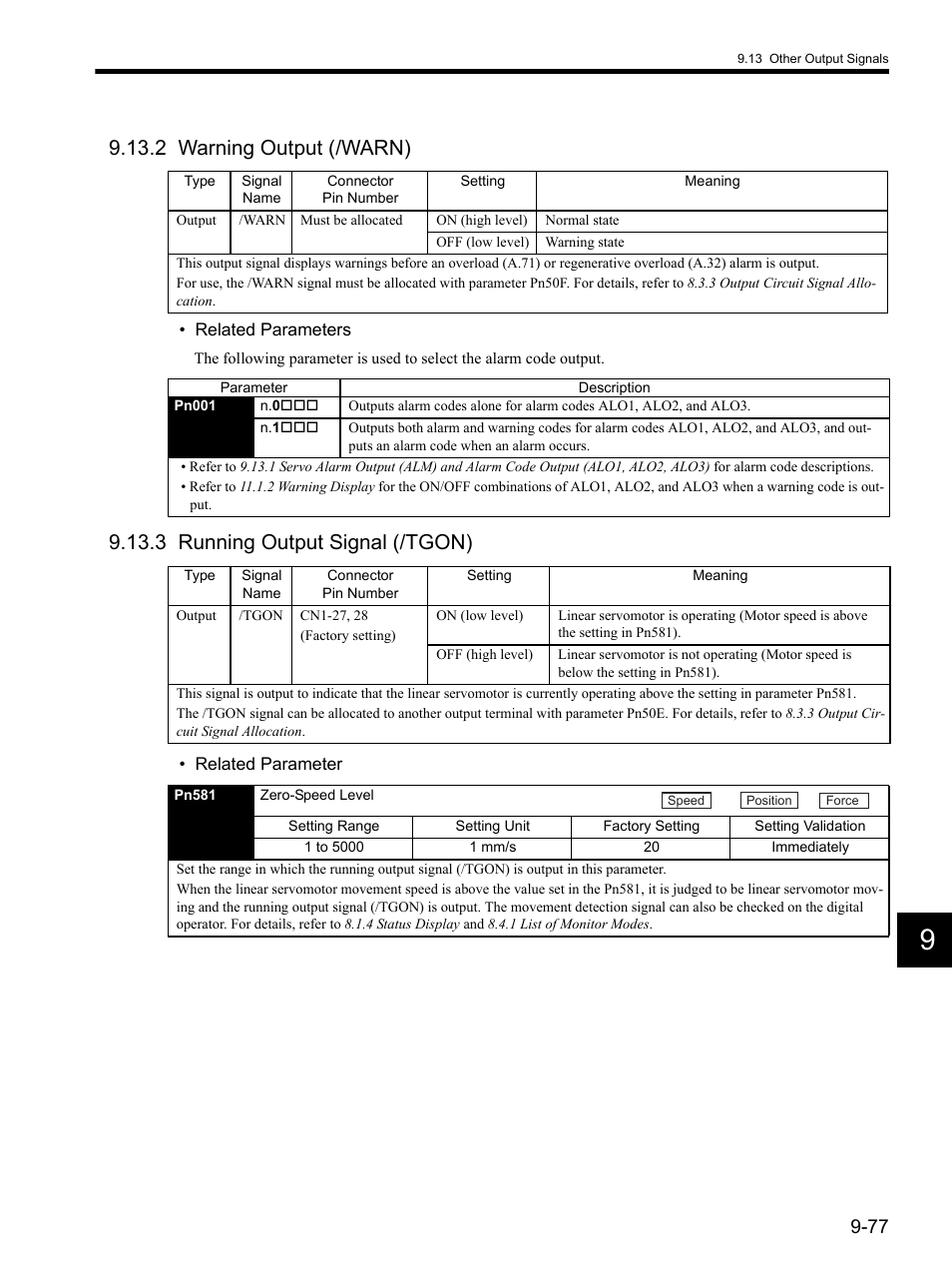 2 warning output (/warn), 3 running output signal (/tgon) | Yaskawa SGDH Linear Sigma Series User Manual | Page 321 / 425