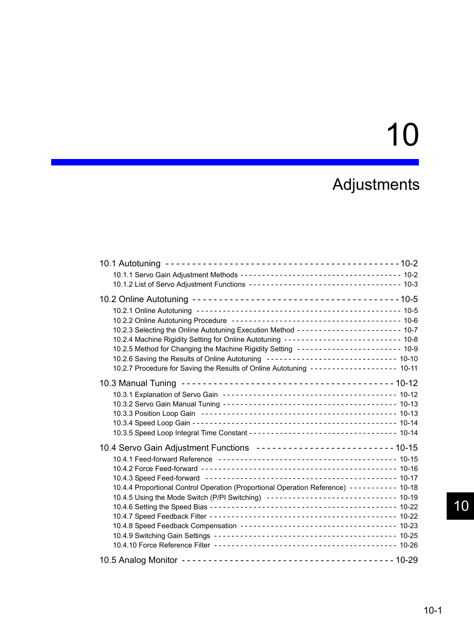 10 adjustments, Adjustments | Yaskawa SGDH Linear Sigma Series User Manual | Page 323 / 425