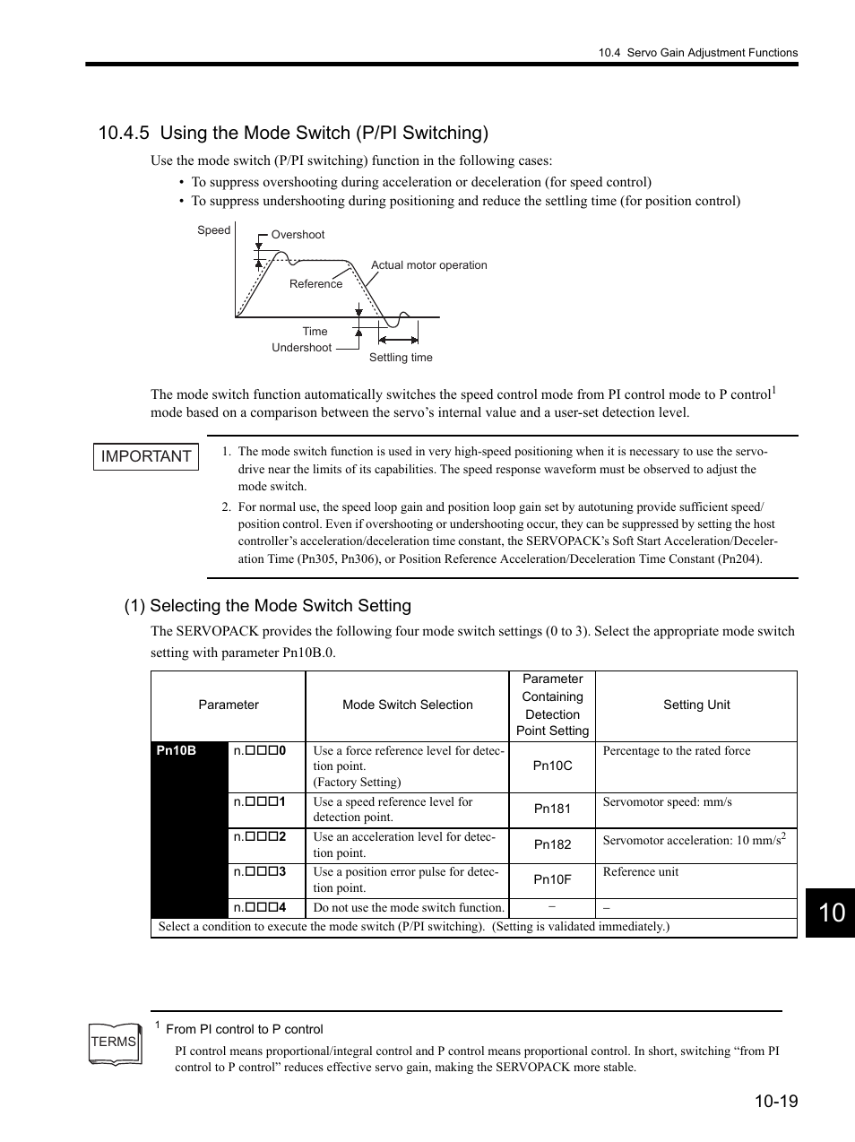 5 using the mode switch (p/pi switching), 5 using the mode switch (p/pi switching) -19, 1) selecting the mode switch setting | Yaskawa SGDH Linear Sigma Series User Manual | Page 341 / 425