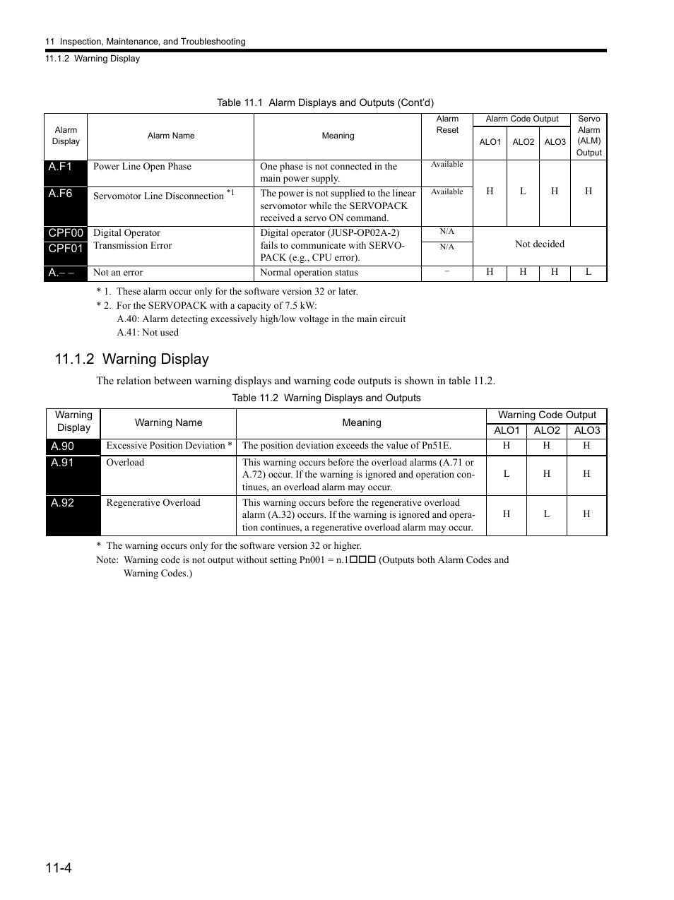 2 warning display, 2 warning display -4, To 11.1.2 warning display | Yaskawa SGDH Linear Sigma Series User Manual | Page 356 / 425