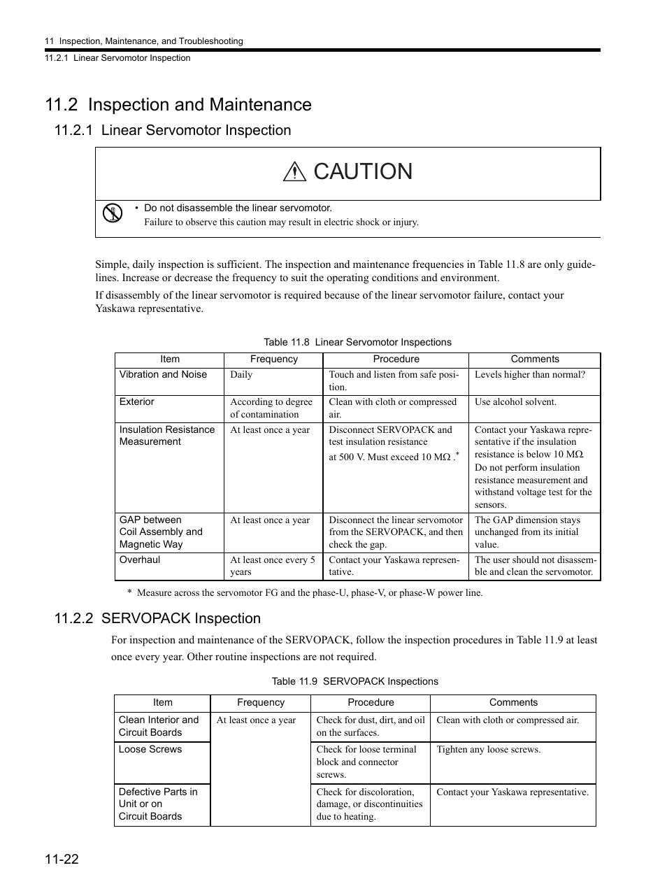 2 inspection and maintenance, 1 linear servomotor inspection, 2 servopack inspection | 2 inspection and maintenance -22, 2 servopack inspection -22, Caution | Yaskawa SGDH Linear Sigma Series User Manual | Page 374 / 425