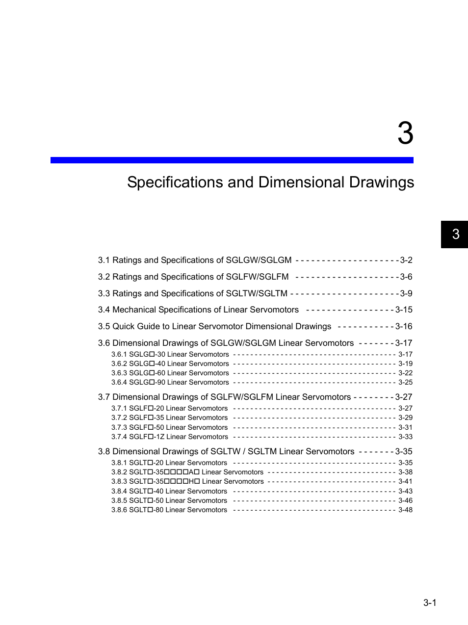 3 specifications and dimensional drawings, Specifications and dimensional drawings | Yaskawa SGDH Linear Sigma Series User Manual | Page 49 / 425