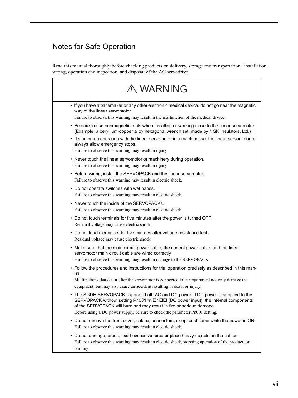 Notes for safe operation, Warning | Yaskawa SGDH Linear Sigma Series User Manual | Page 7 / 425