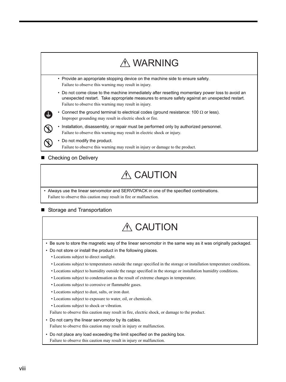Warning caution caution | Yaskawa SGDH Linear Sigma Series User Manual | Page 8 / 425