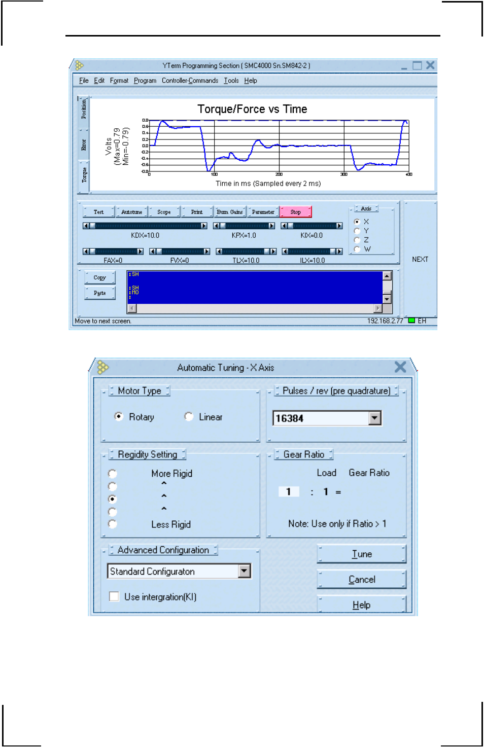 The tuning screen, Figure 18: tuning screen, Figure 18a: tuning screen (linear servo motor) | Yaskawa YTerm User Manual | Page 29 / 56