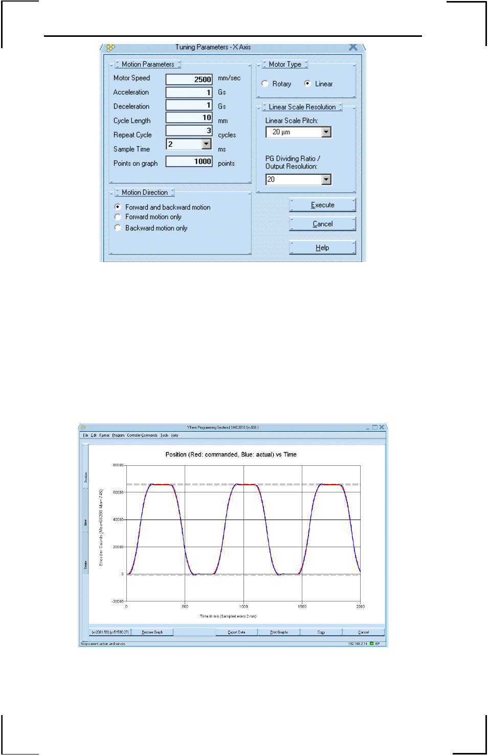 Figure 20a: tune test dialog screen - linear, Click on execute to execute the test program, Viewing the tune test results | Figure 21: tune test results window | Yaskawa YTerm User Manual | Page 34 / 56