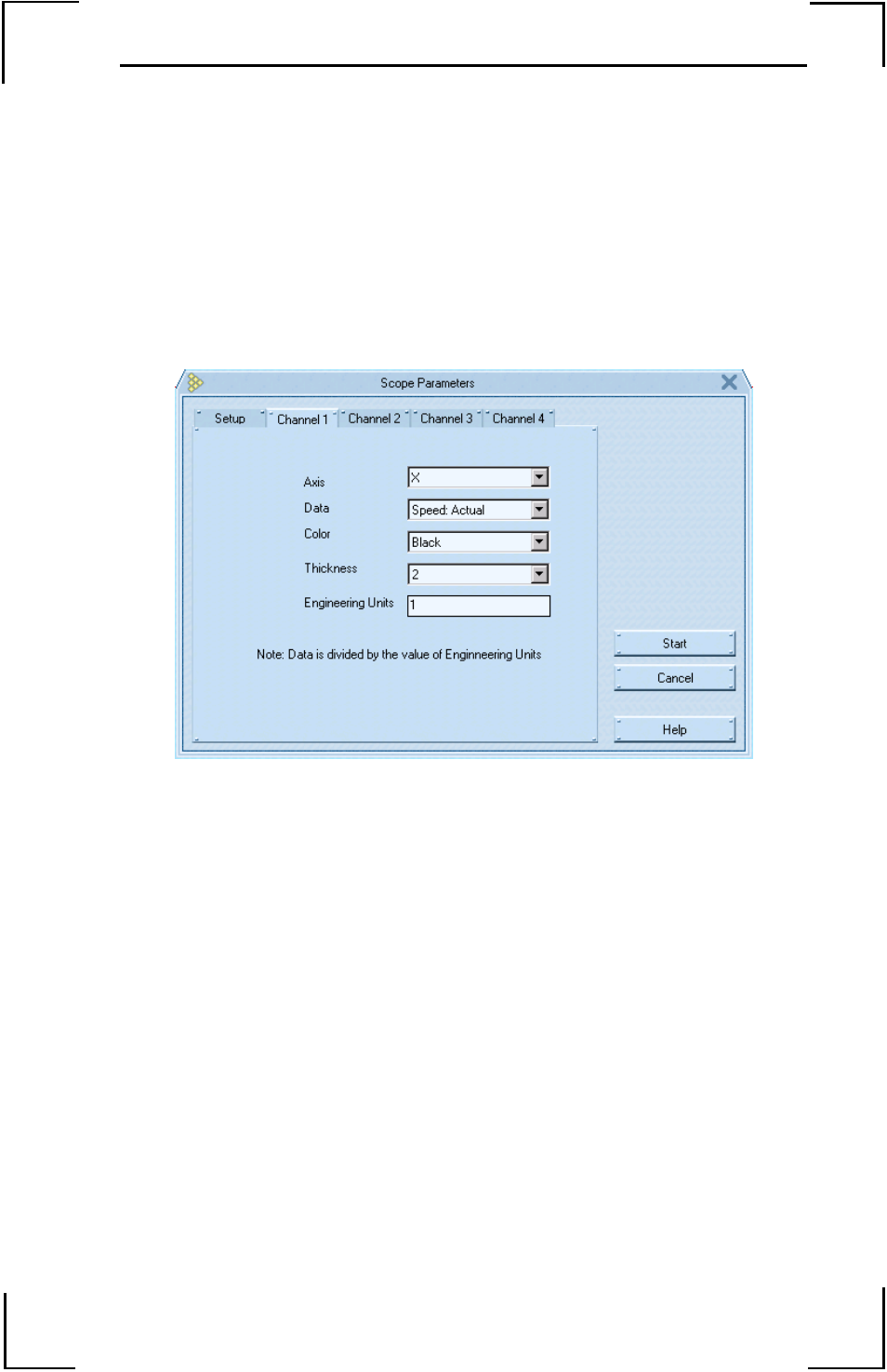 Choose the type of graph, Figure 23: storage scope parameters channel screen, Select the data to be stored | Select the color of the line to be plotted, Select the thickness of the line to be plotted, Enter engineering units value | Yaskawa YTerm User Manual | Page 37 / 56