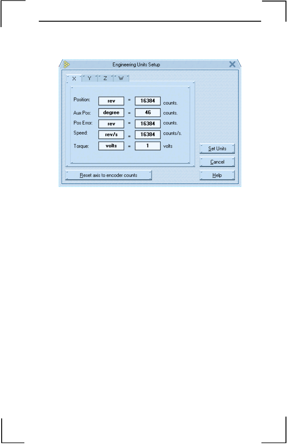 Figure 31: engineering unit setup screen, Select the desired axis, Select set units | Yaskawa YTerm User Manual | Page 45 / 56