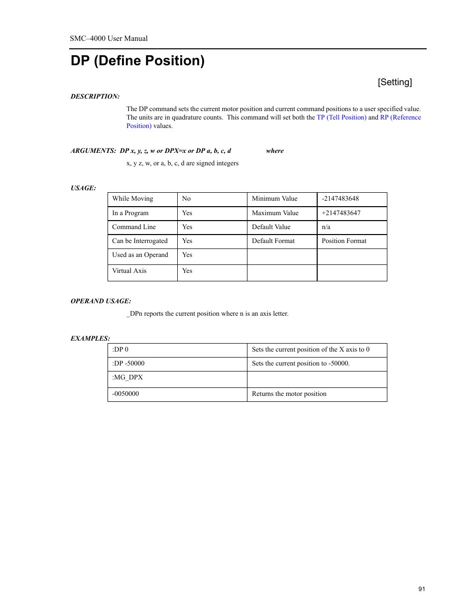 Dp (define position), Setting | Yaskawa SMC–4000 User Manual | Page 101 / 385