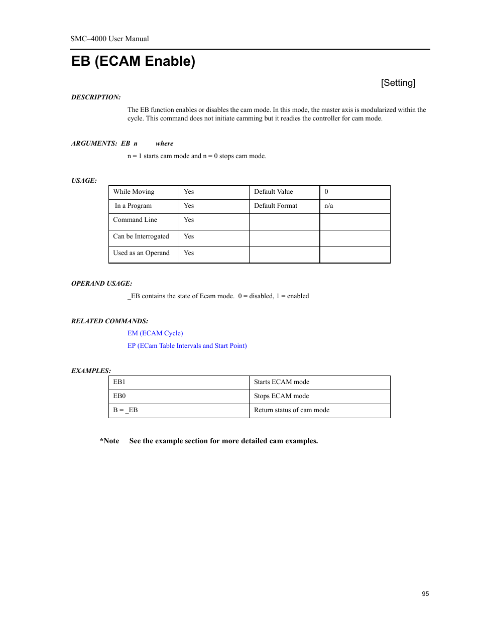 Eb (ecam enable), Setting | Yaskawa SMC–4000 User Manual | Page 105 / 385