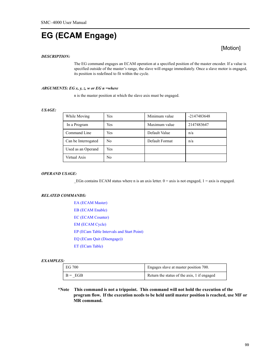 Eg (ecam engage), Motion | Yaskawa SMC–4000 User Manual | Page 109 / 385