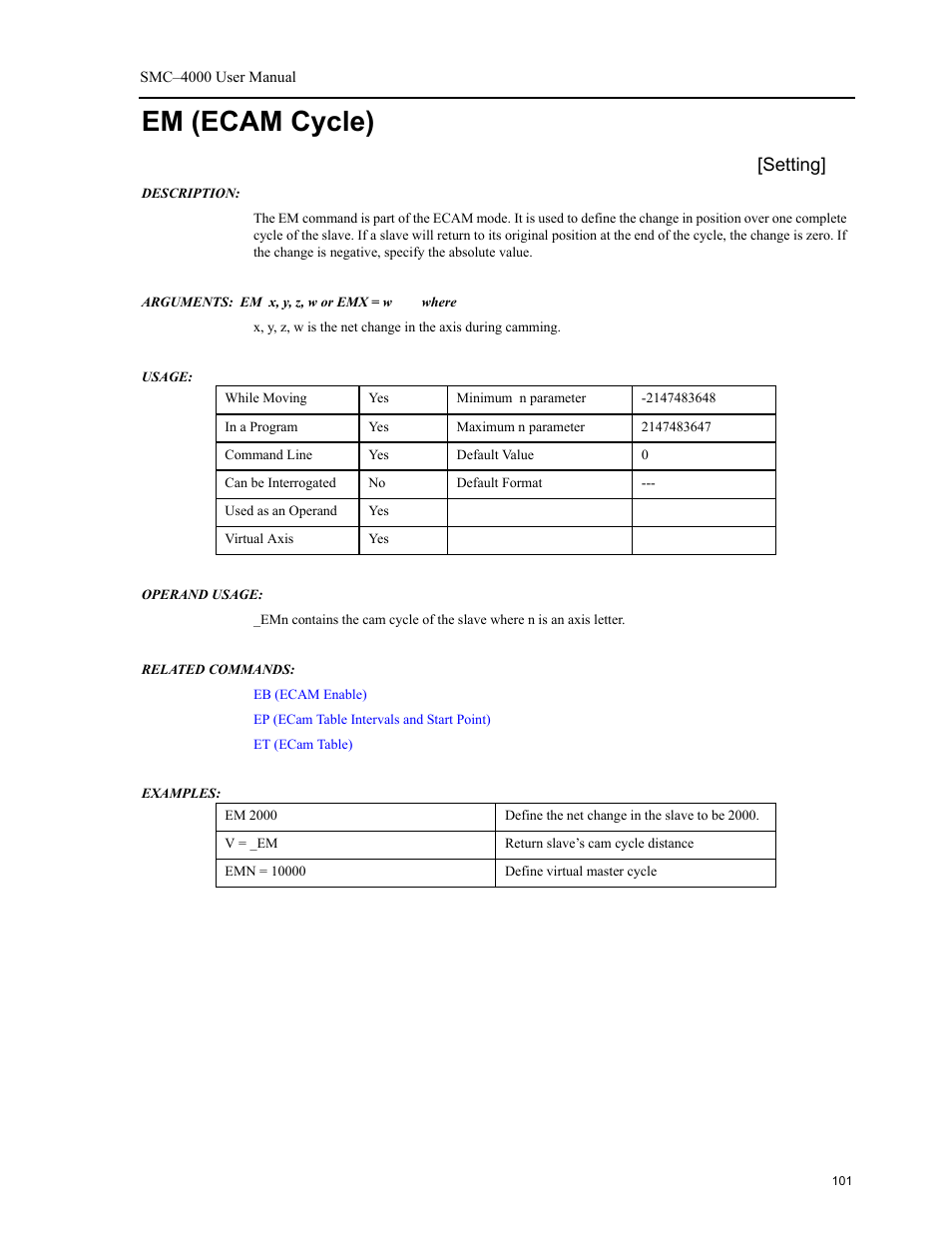 Em (ecam cycle), Setting | Yaskawa SMC–4000 User Manual | Page 111 / 385