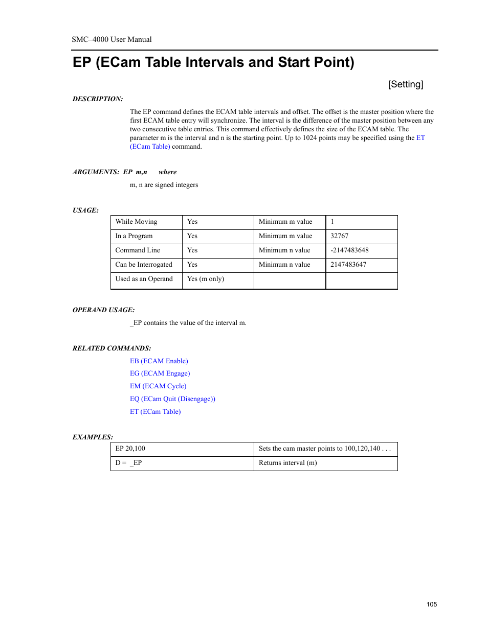 Ep (ecam table intervals and start point), Setting | Yaskawa SMC–4000 User Manual | Page 115 / 385