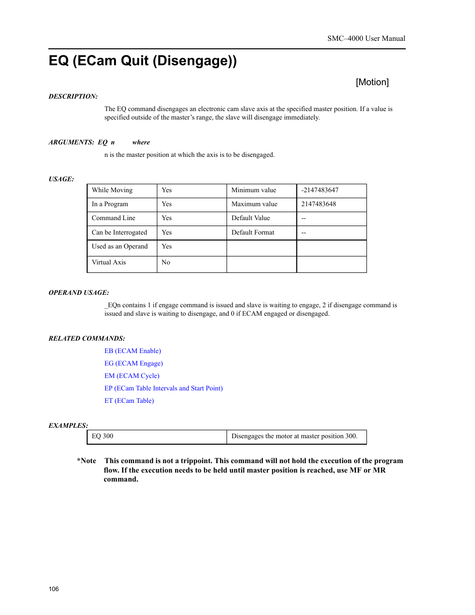 Eq (ecam quit (disengage)), Motion | Yaskawa SMC–4000 User Manual | Page 116 / 385