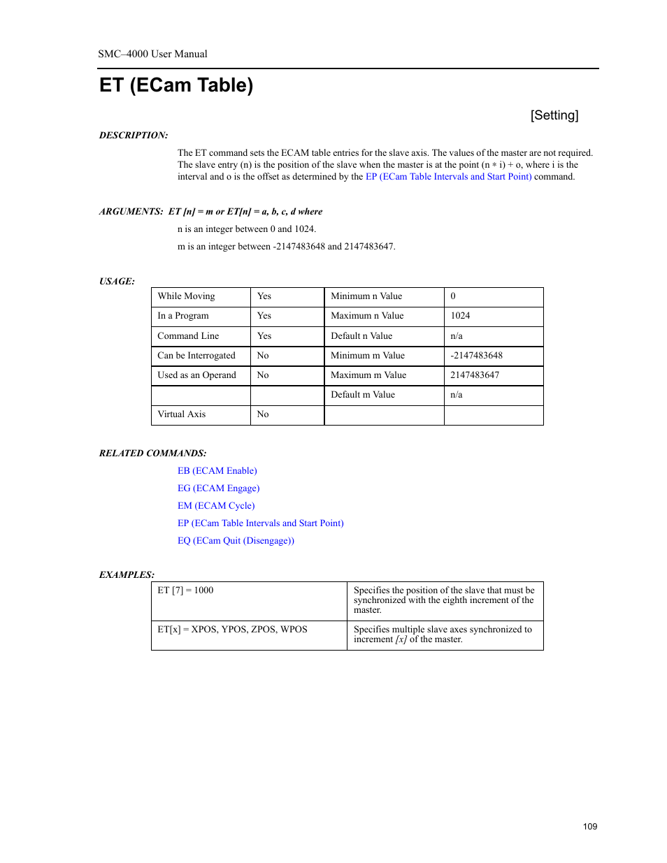 Et (ecam table), Ecam table), Setting | Yaskawa SMC–4000 User Manual | Page 119 / 385