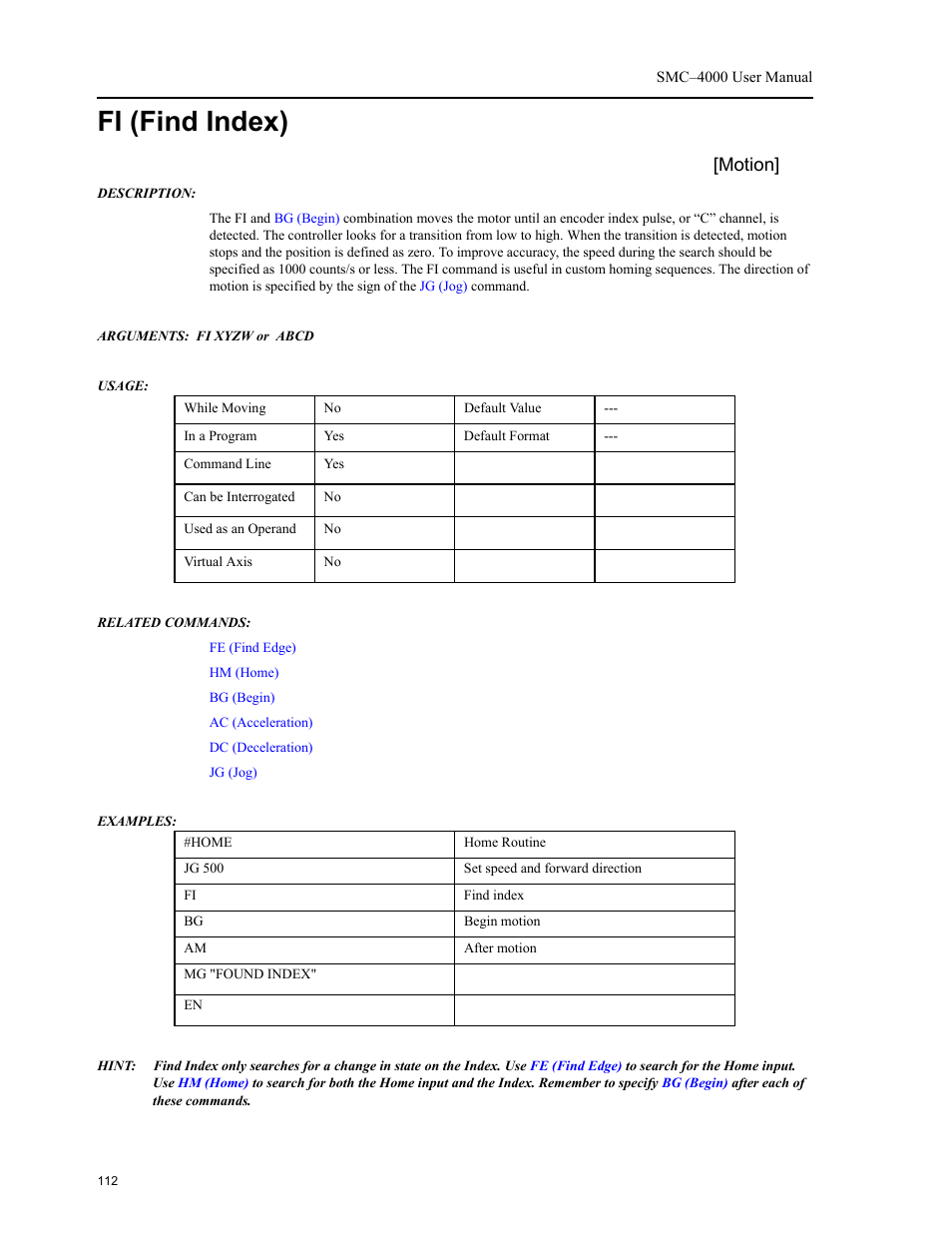 Fi (find index), Motion | Yaskawa SMC–4000 User Manual | Page 122 / 385