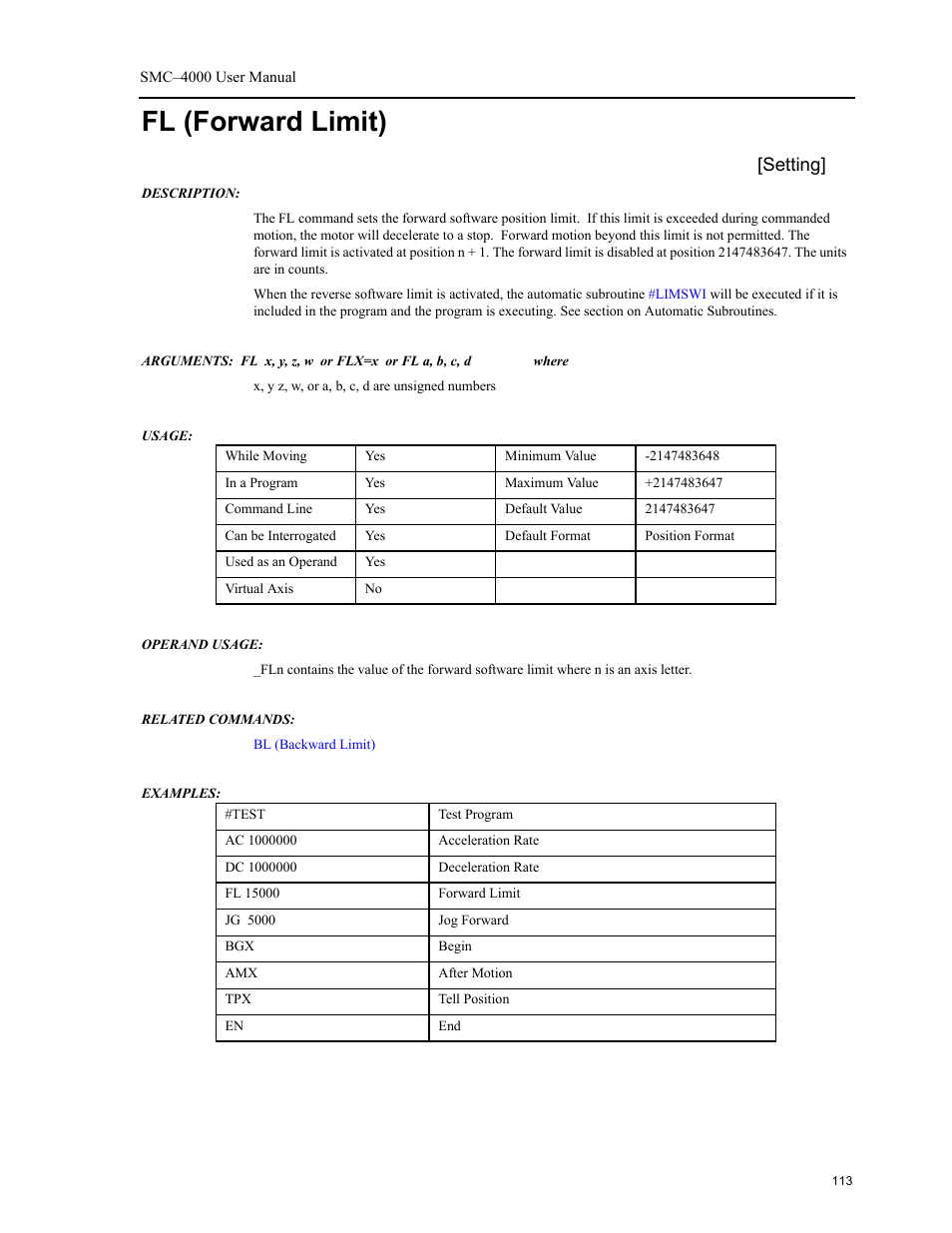 Fl (forward limit), Setting | Yaskawa SMC–4000 User Manual | Page 123 / 385