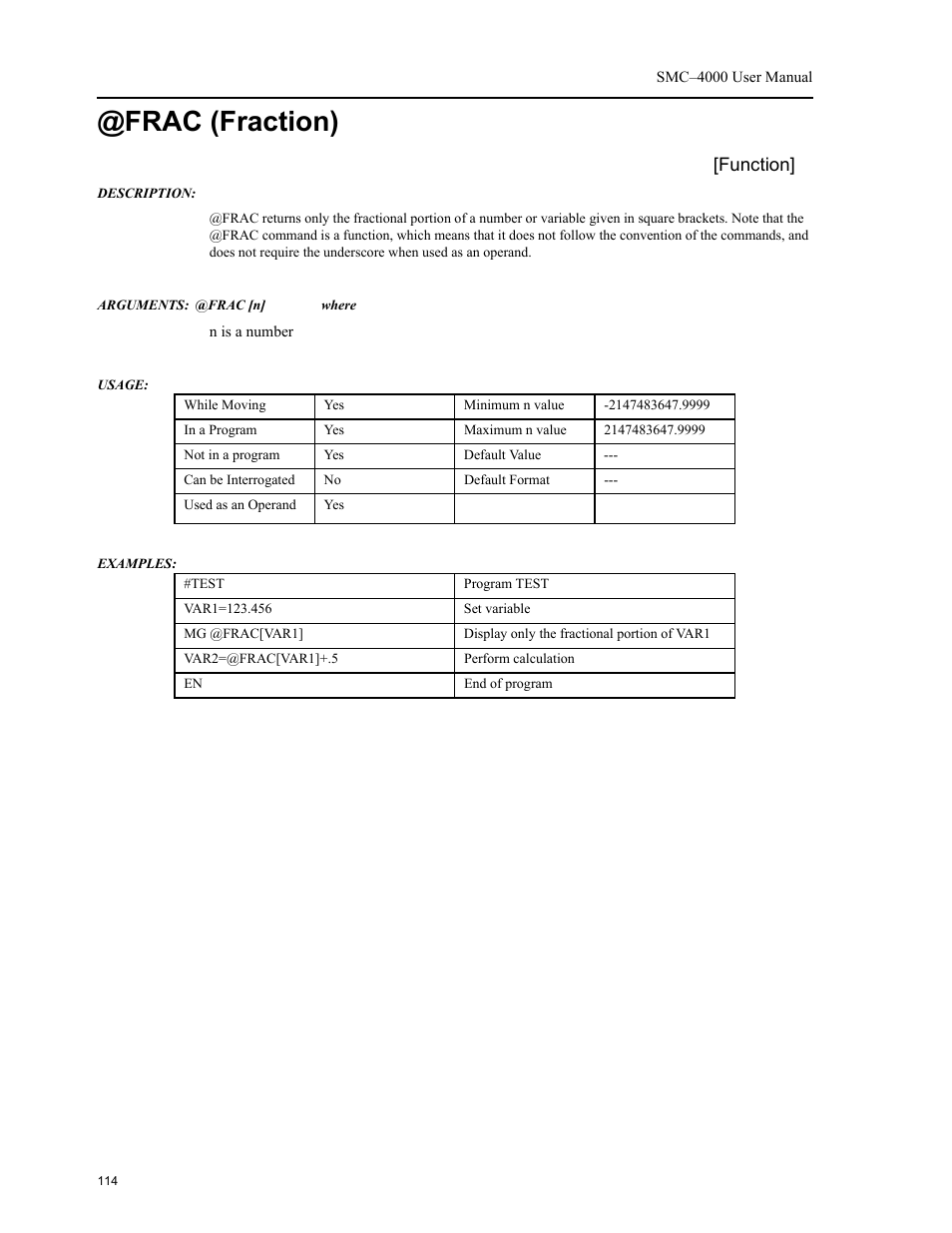 Frac (fraction), Function | Yaskawa SMC–4000 User Manual | Page 124 / 385