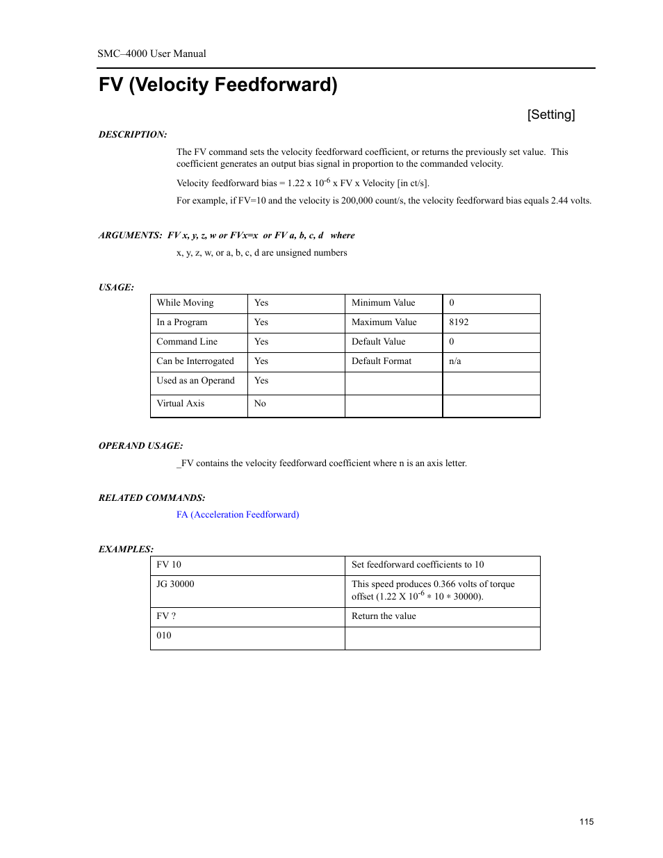 Fv (velocity feedforward), Setting | Yaskawa SMC–4000 User Manual | Page 125 / 385