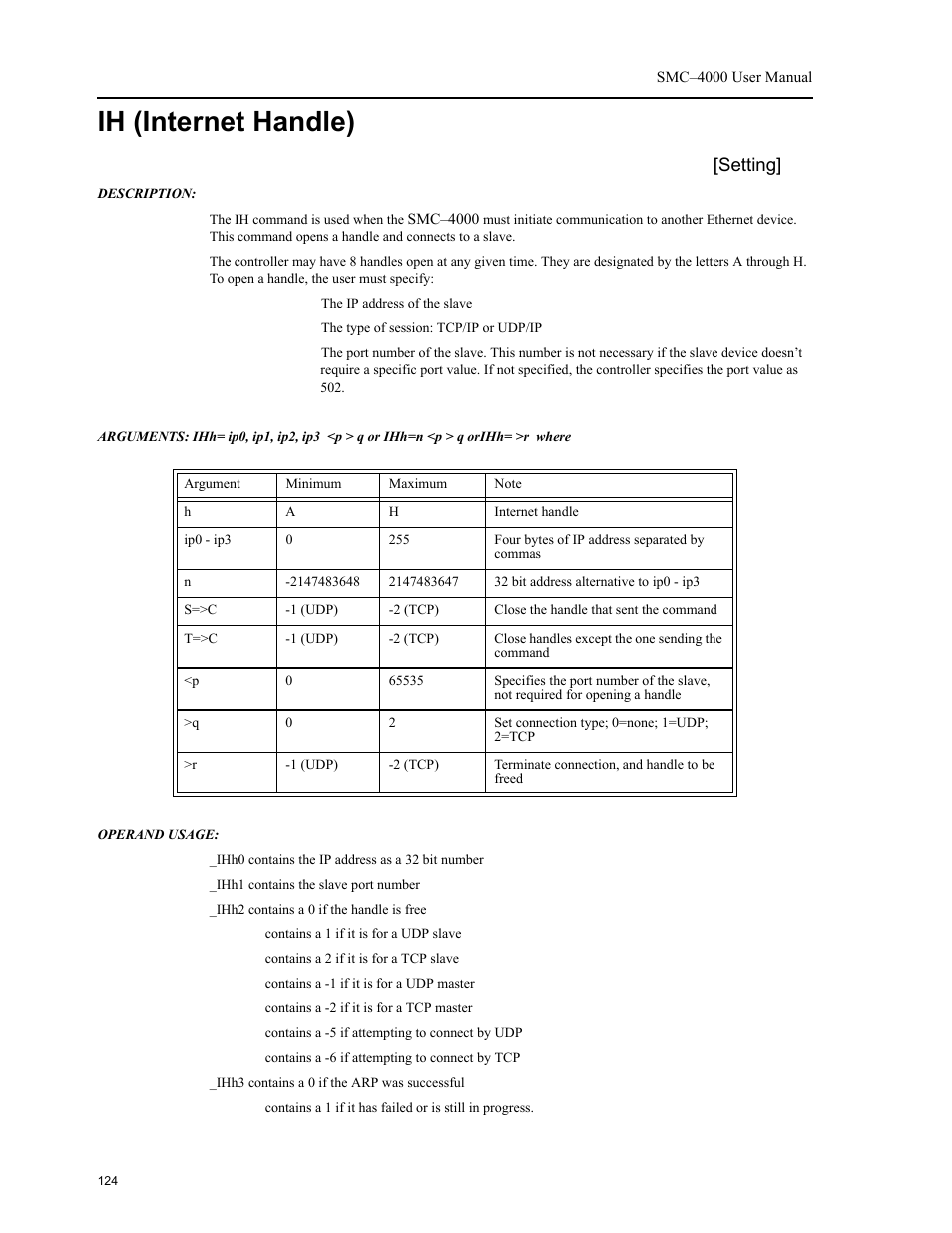 Ih (internet handle), Setting | Yaskawa SMC–4000 User Manual | Page 134 / 385