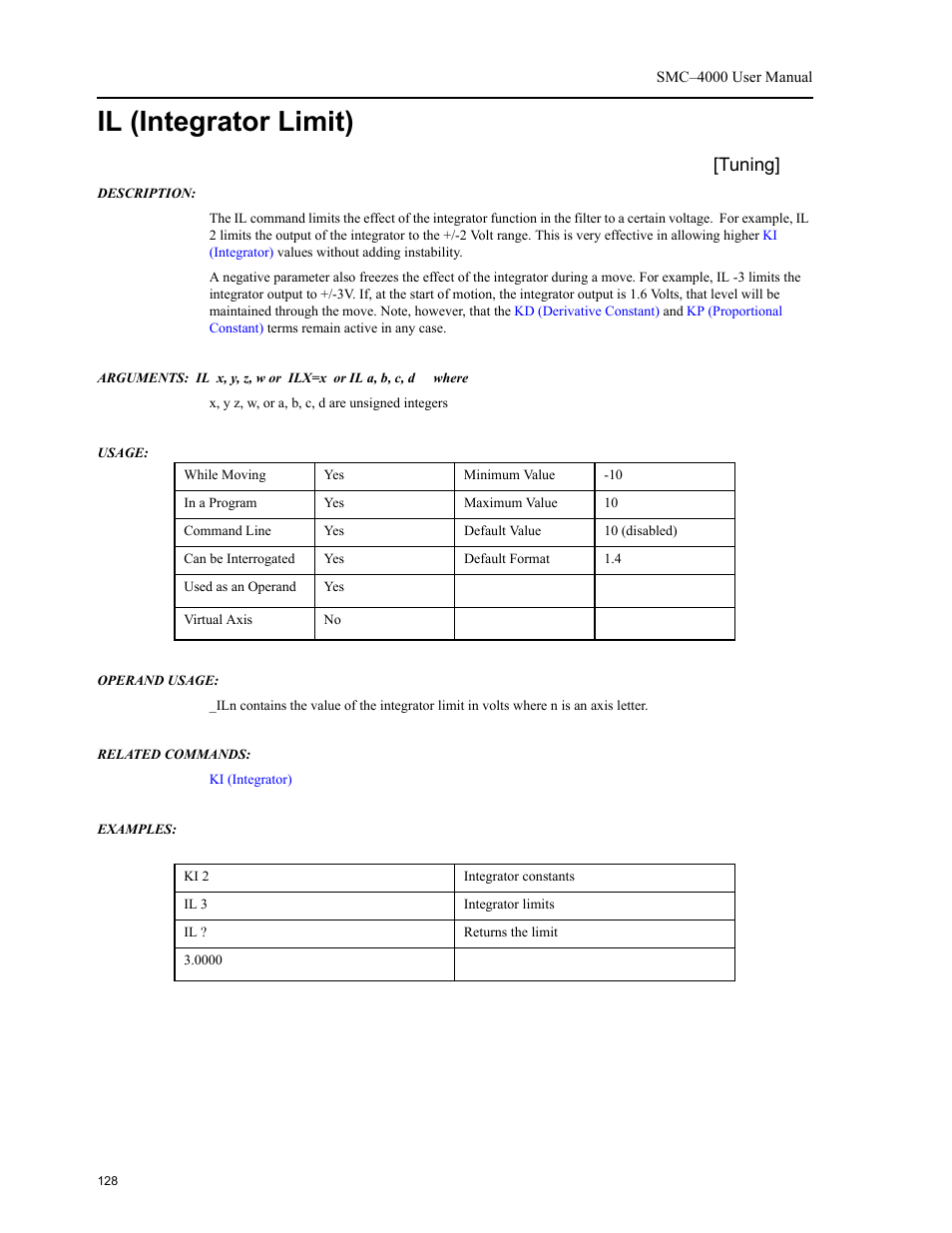 Il (integrator limit), Tuning | Yaskawa SMC–4000 User Manual | Page 138 / 385