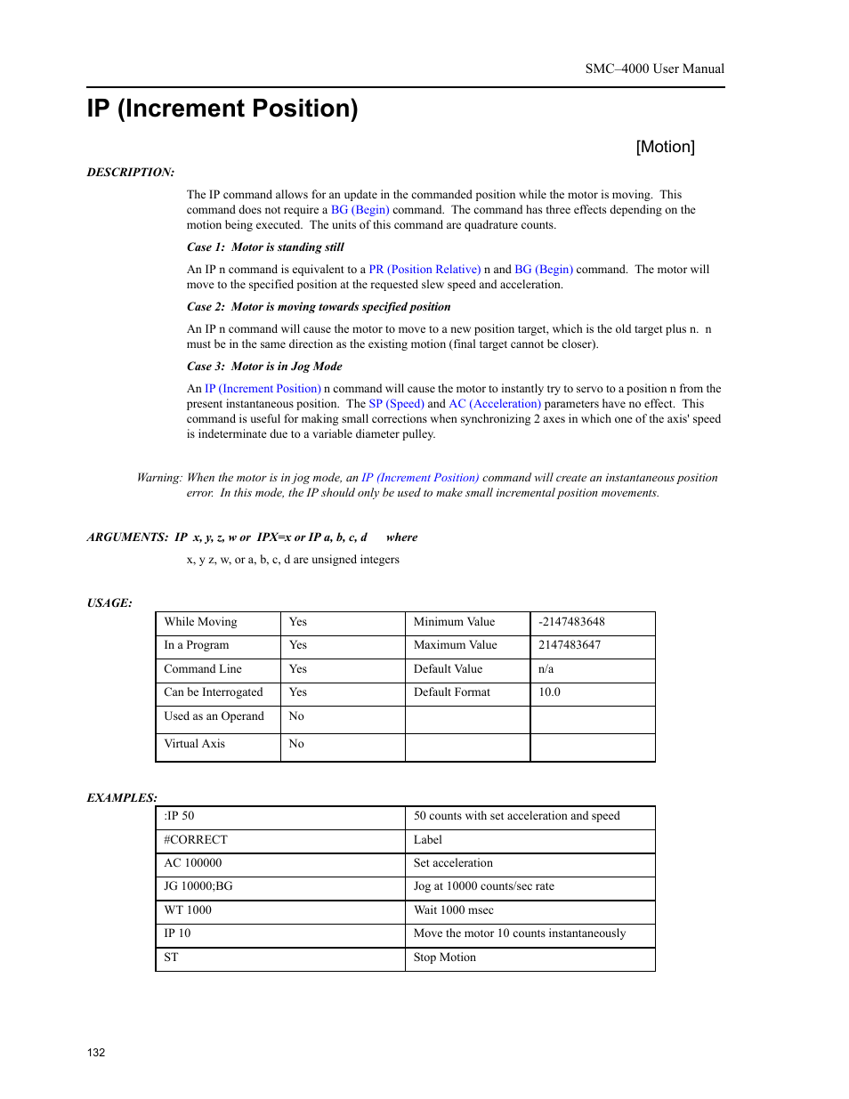 Ip (increment position), Motion | Yaskawa SMC–4000 User Manual | Page 142 / 385