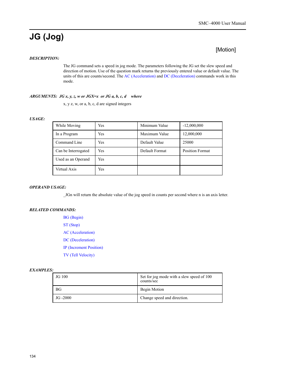 Jg (jog), Moves, Command | Motion | Yaskawa SMC–4000 User Manual | Page 144 / 385