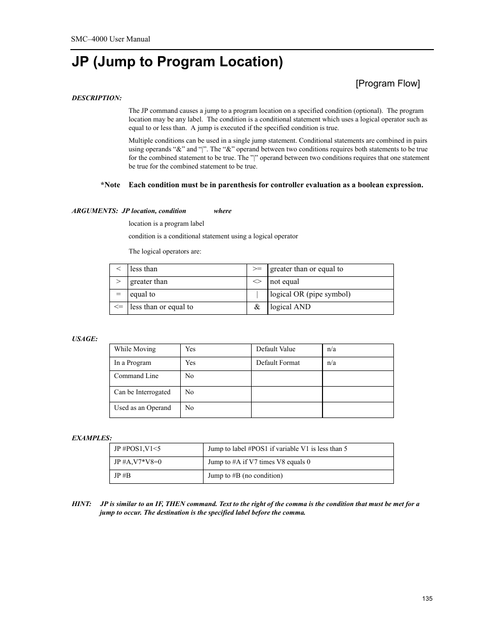 Jp (jump to program location) | Yaskawa SMC–4000 User Manual | Page 145 / 385