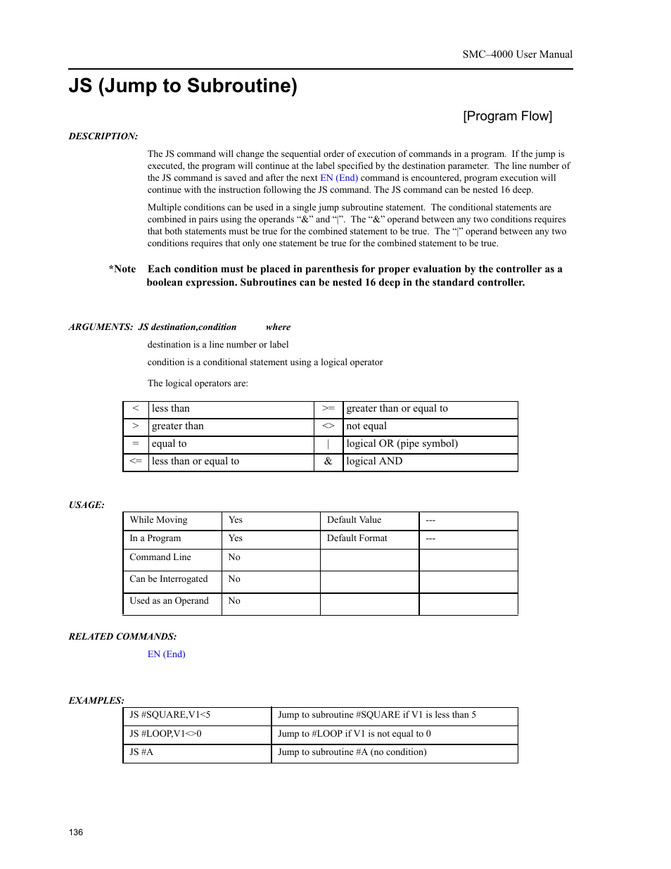 Js (jump to subroutine), Jump to subroutine), Commands | Yaskawa SMC–4000 User Manual | Page 146 / 385