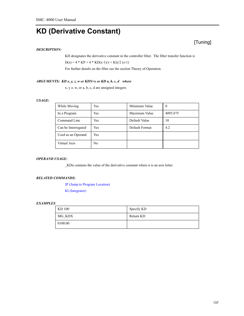 Kd (derivative constant), Tuning | Yaskawa SMC–4000 User Manual | Page 147 / 385