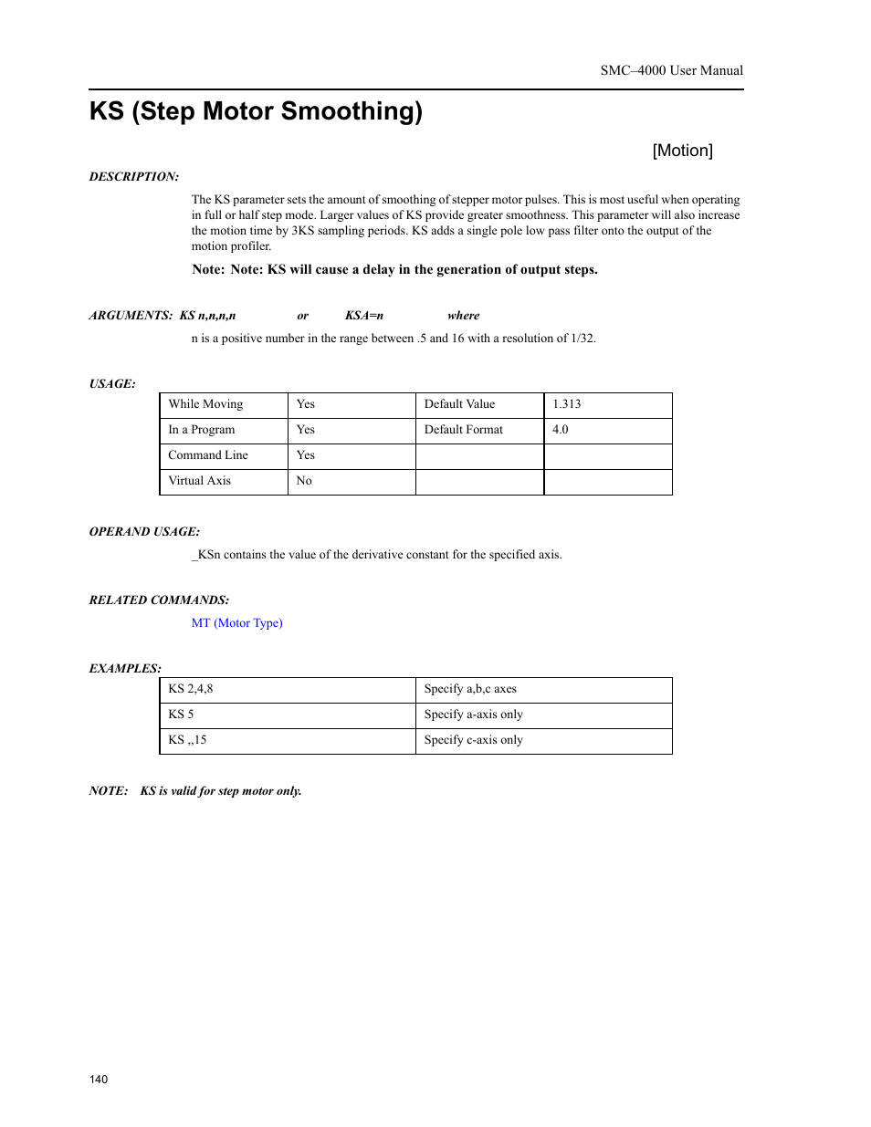 Ks (step motor smoothing), Motion | Yaskawa SMC–4000 User Manual | Page 150 / 385