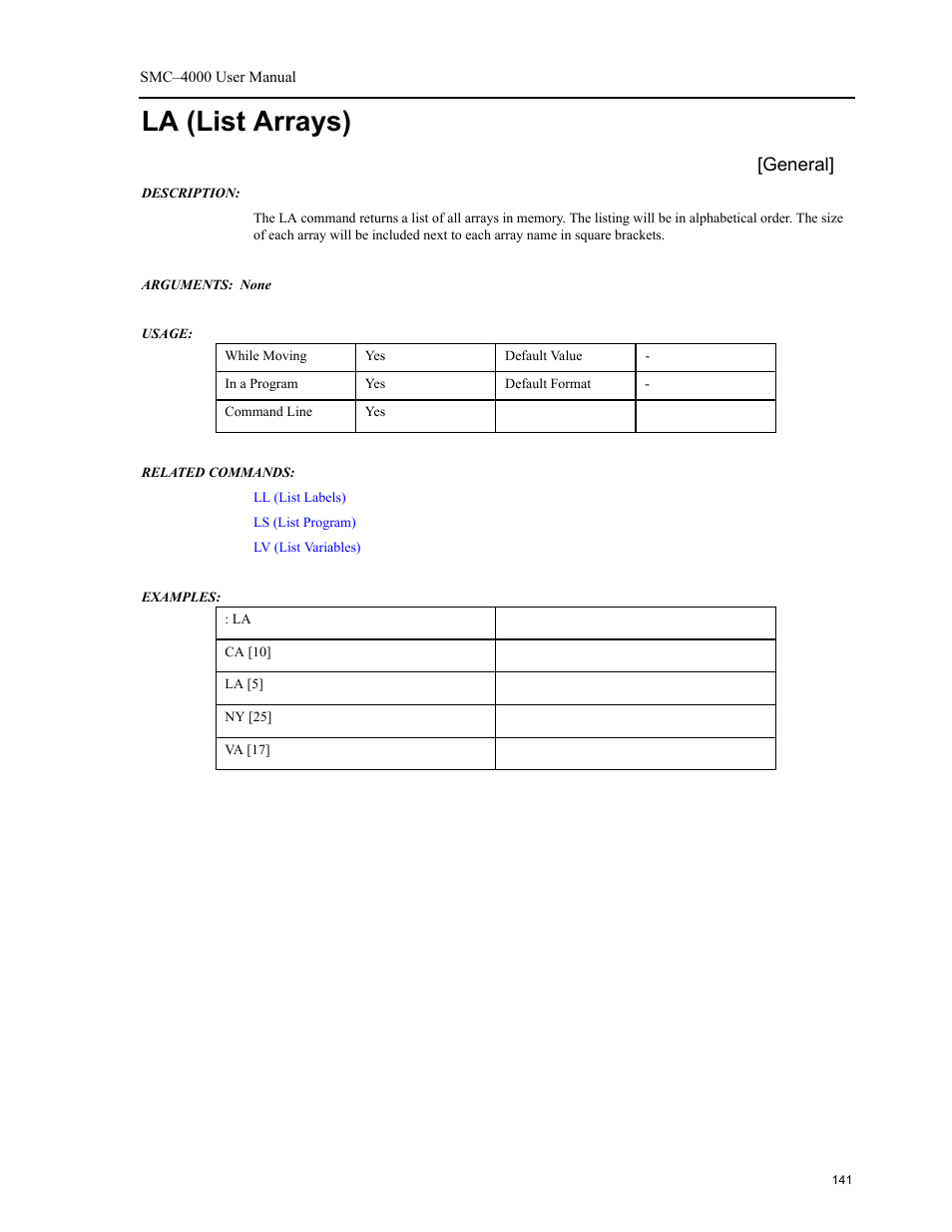 La (list arrays) | Yaskawa SMC–4000 User Manual | Page 151 / 385