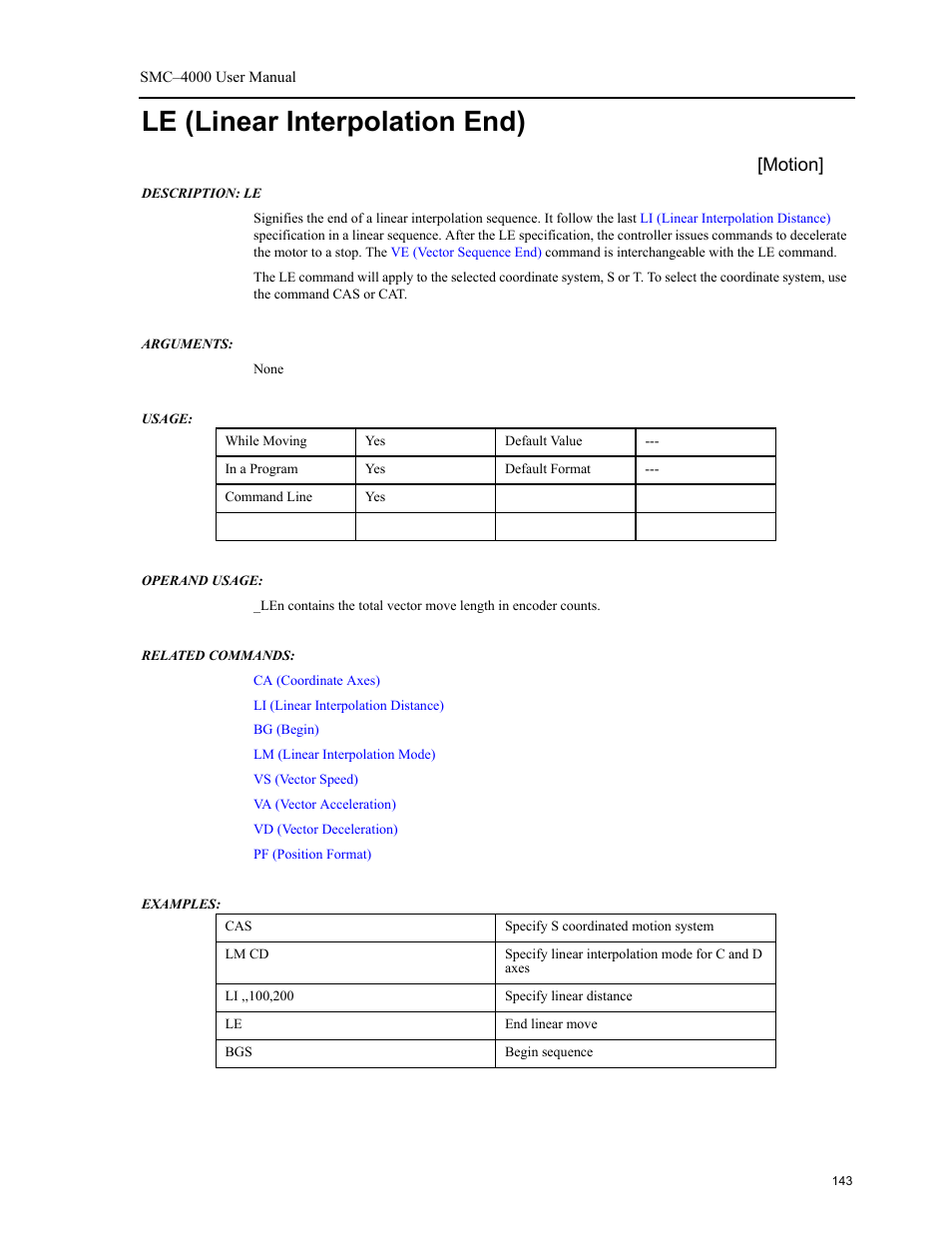 Le (linear interpolation end), Motion | Yaskawa SMC–4000 User Manual | Page 153 / 385