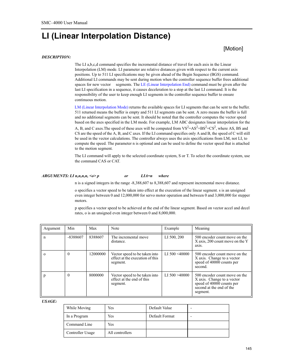 Li (linear interpolation distance), Linear interpolation distance), Motion | Yaskawa SMC–4000 User Manual | Page 155 / 385