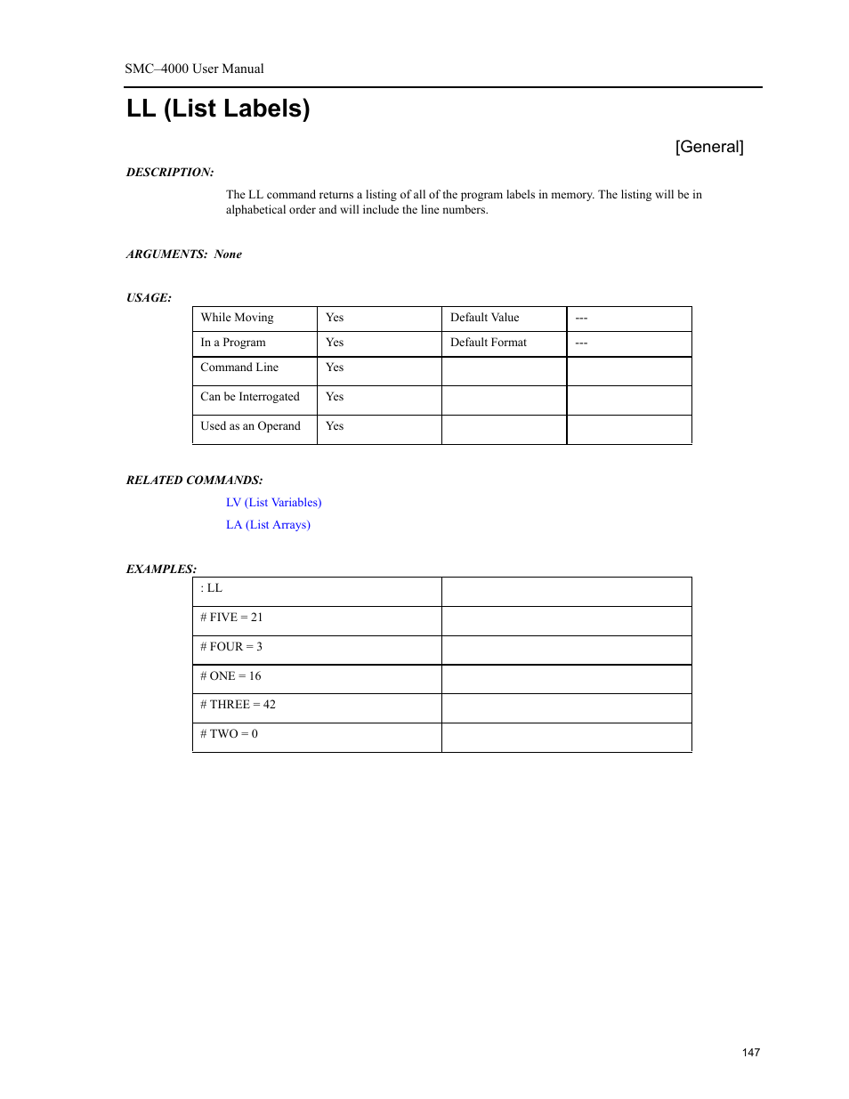 Ll (list labels), General | Yaskawa SMC–4000 User Manual | Page 157 / 385