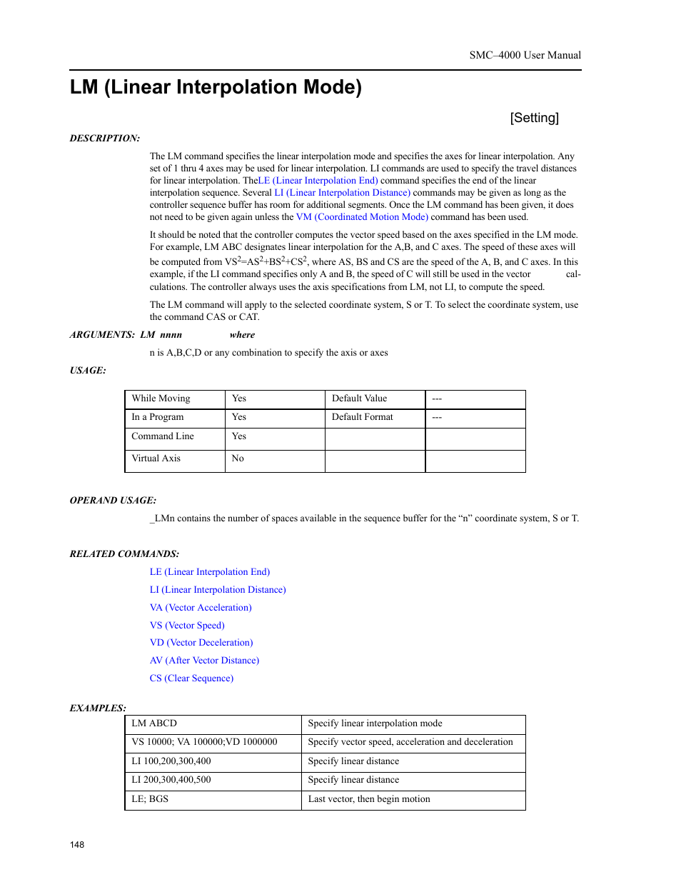 Lm (linear interpolation mode), Lm (linear, Interpolation mode) | Setting | Yaskawa SMC–4000 User Manual | Page 158 / 385