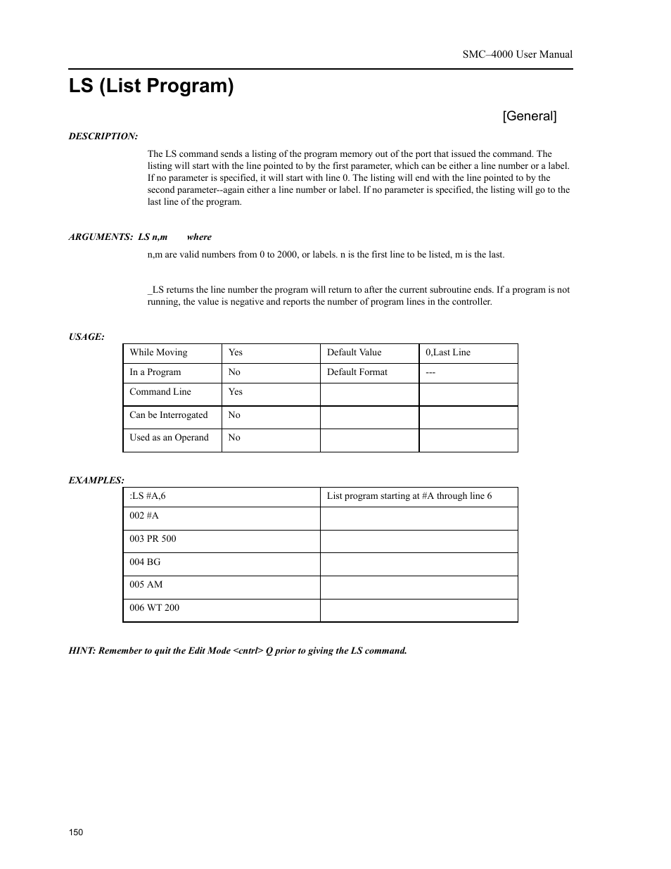 Ls (list program), General | Yaskawa SMC–4000 User Manual | Page 160 / 385