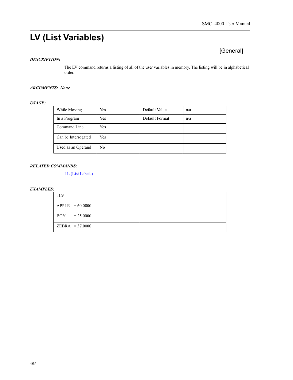 Lv (list variables) | Yaskawa SMC–4000 User Manual | Page 162 / 385