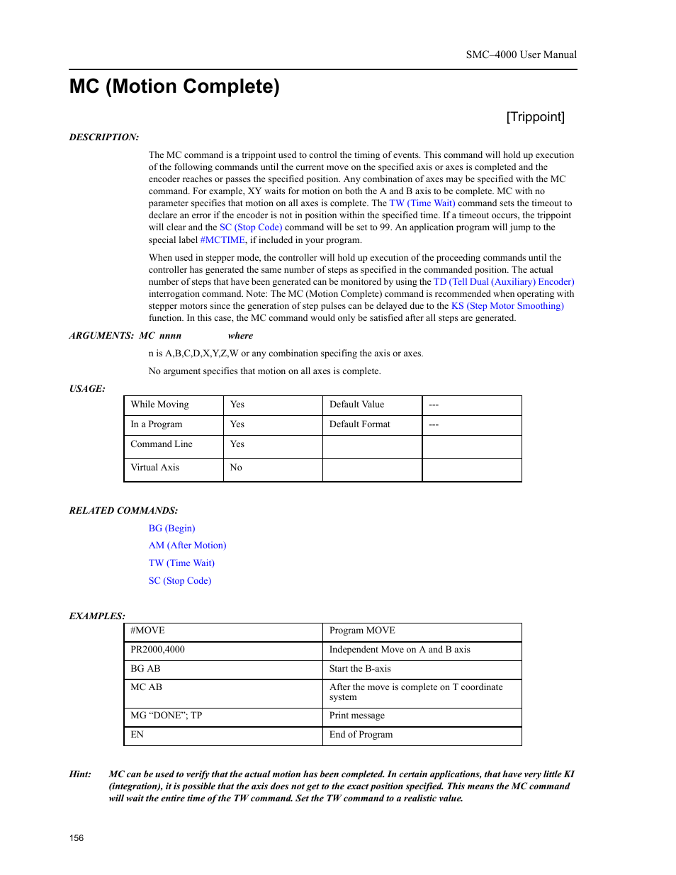 Mc (motion complete), Trippoint | Yaskawa SMC–4000 User Manual | Page 166 / 385