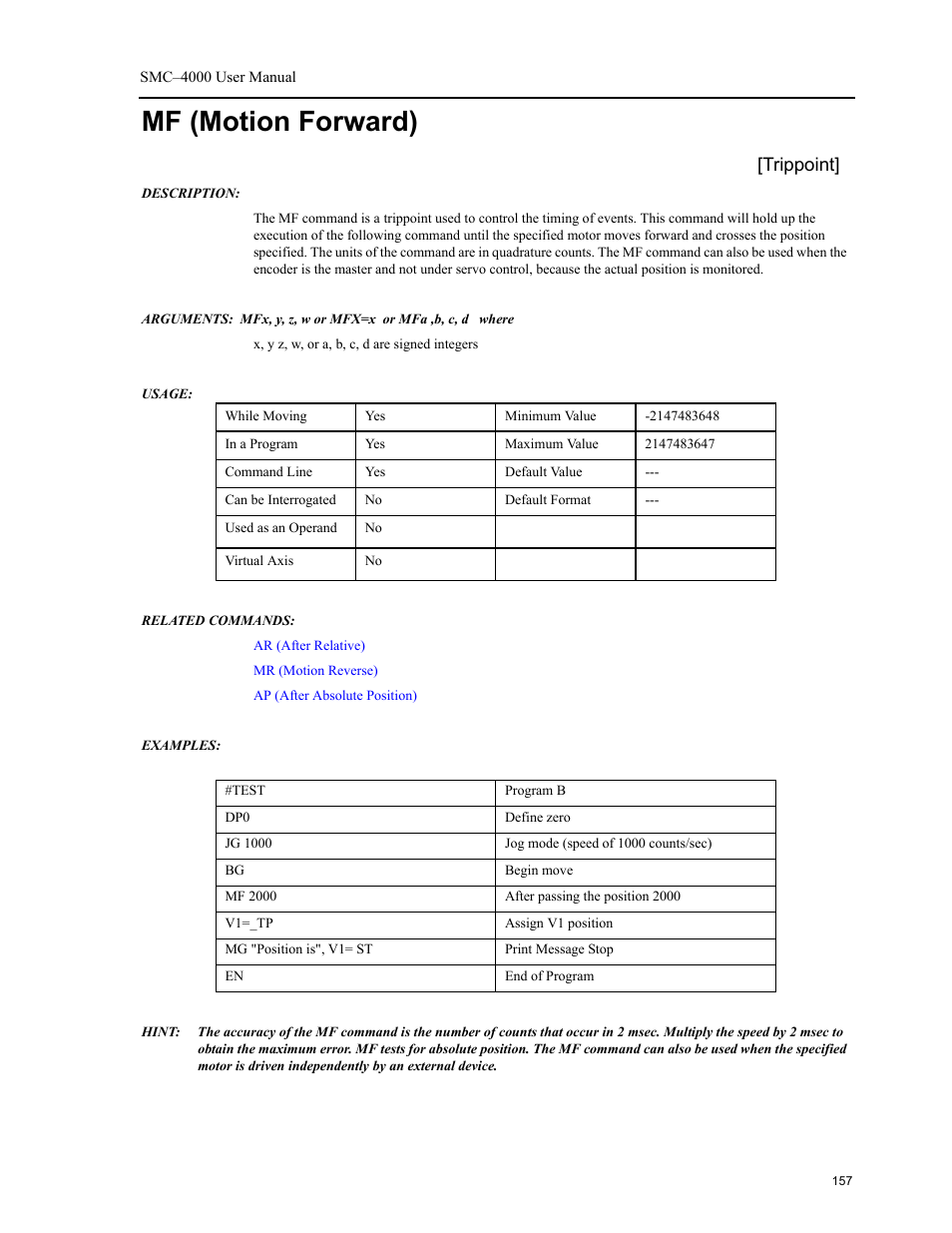 Mf (motion forward), Trippoint | Yaskawa SMC–4000 User Manual | Page 167 / 385