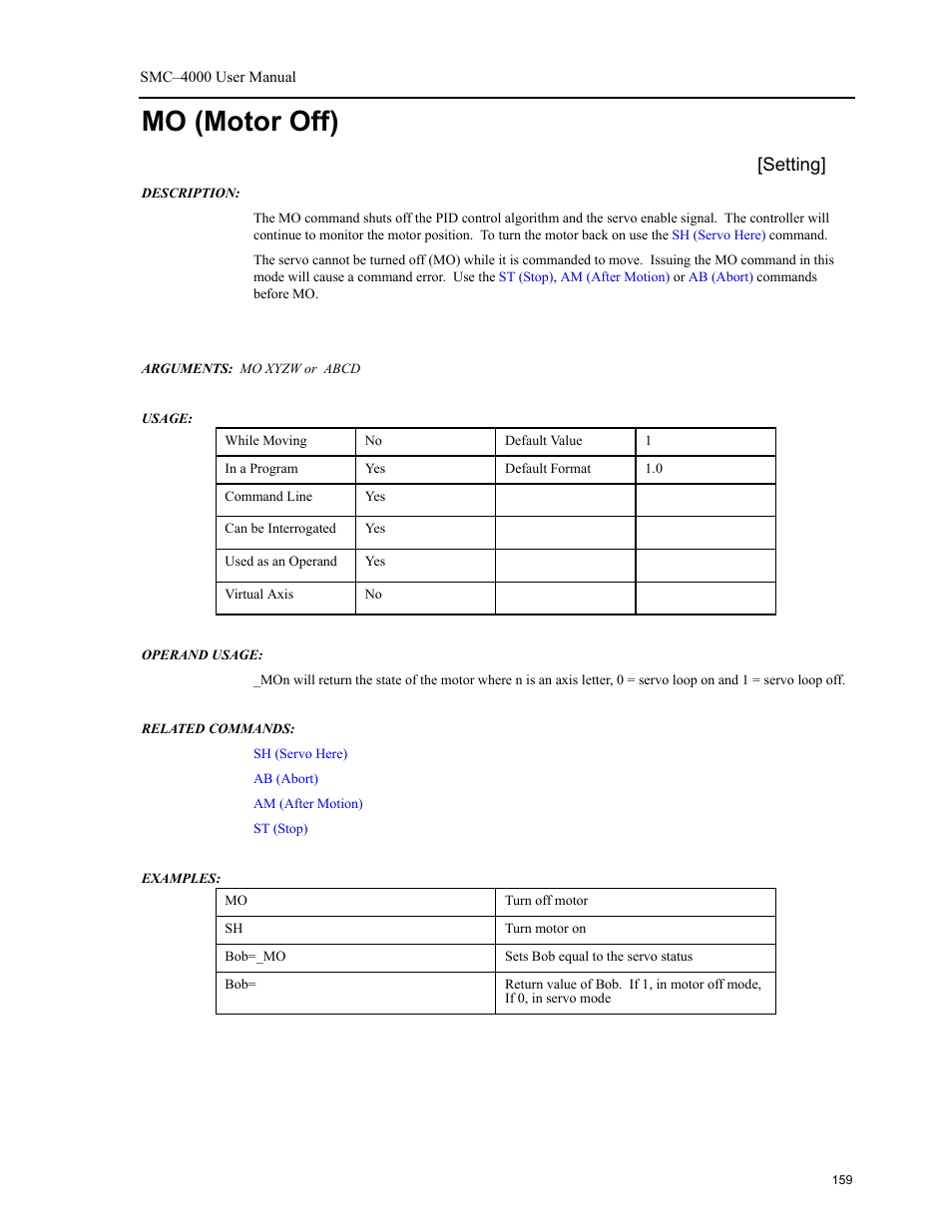 Mo (motor off), Setting | Yaskawa SMC–4000 User Manual | Page 169 / 385