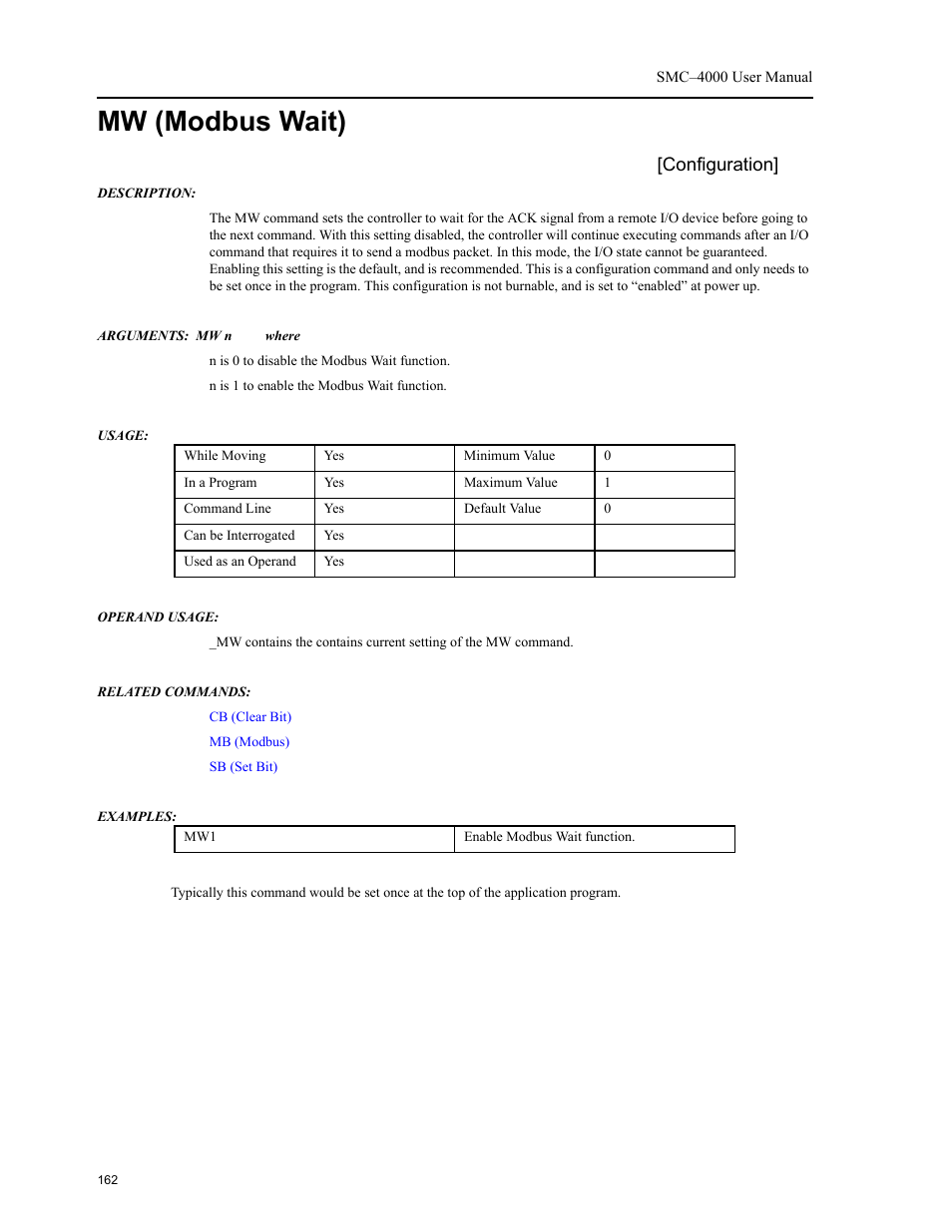 Mw (modbus wait), Configuration | Yaskawa SMC–4000 User Manual | Page 172 / 385