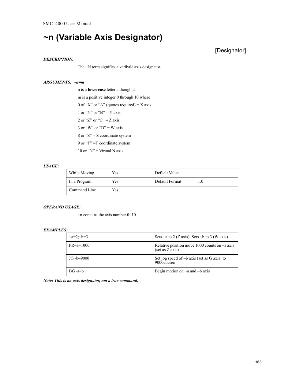 N (variable axis designator), Designator | Yaskawa SMC–4000 User Manual | Page 173 / 385