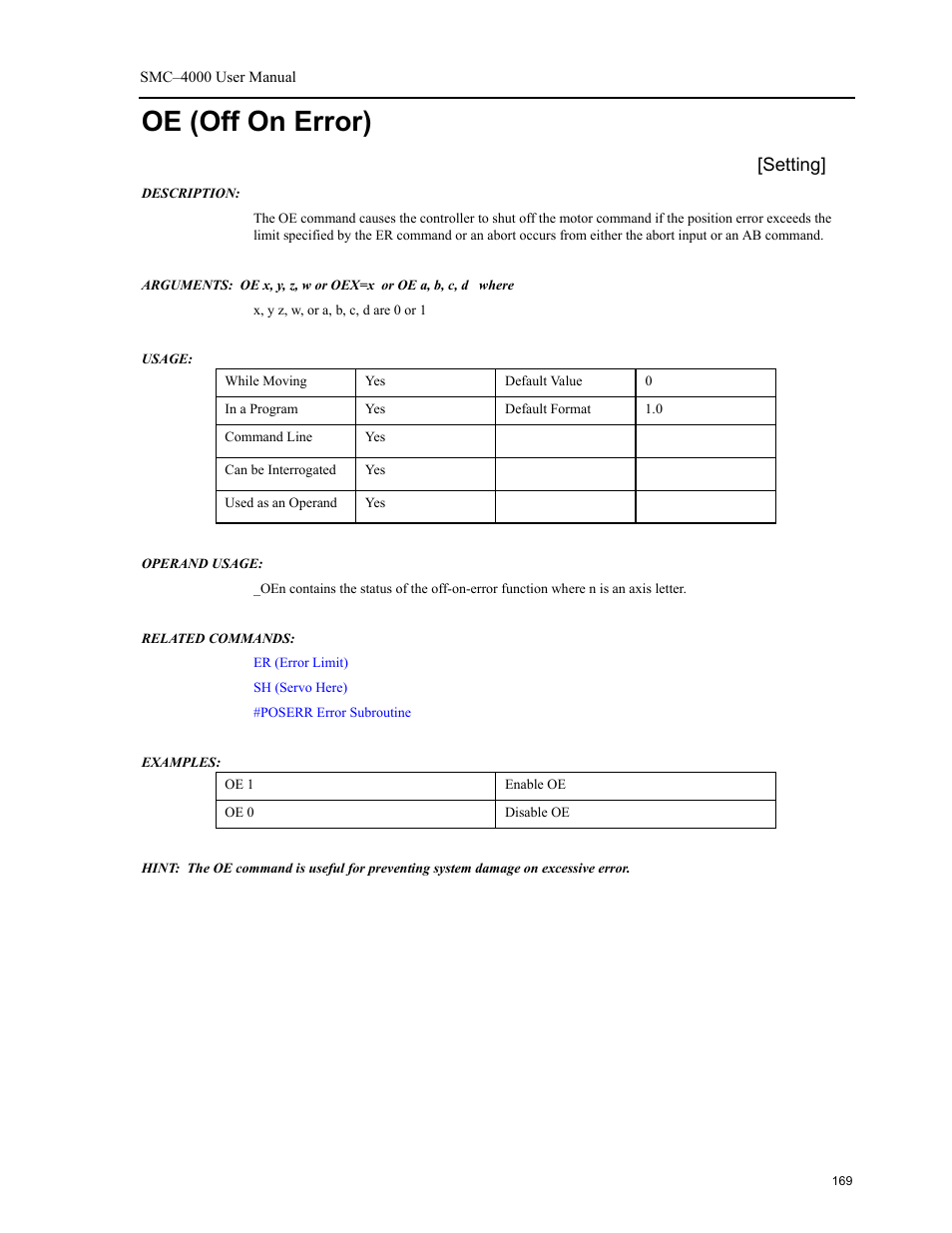 Oe (off on error), Setting | Yaskawa SMC–4000 User Manual | Page 179 / 385