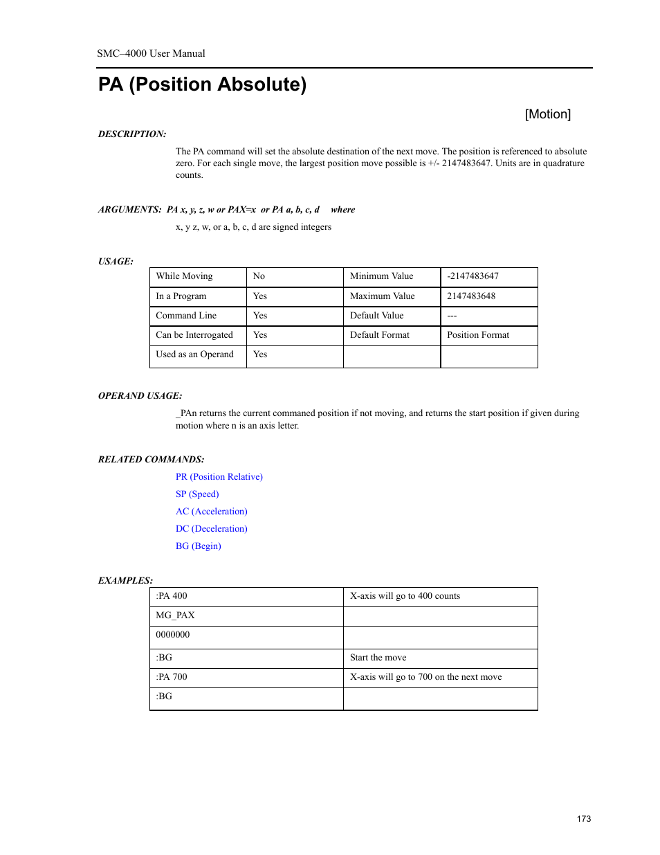 Pa (position absolute), Motion | Yaskawa SMC–4000 User Manual | Page 183 / 385