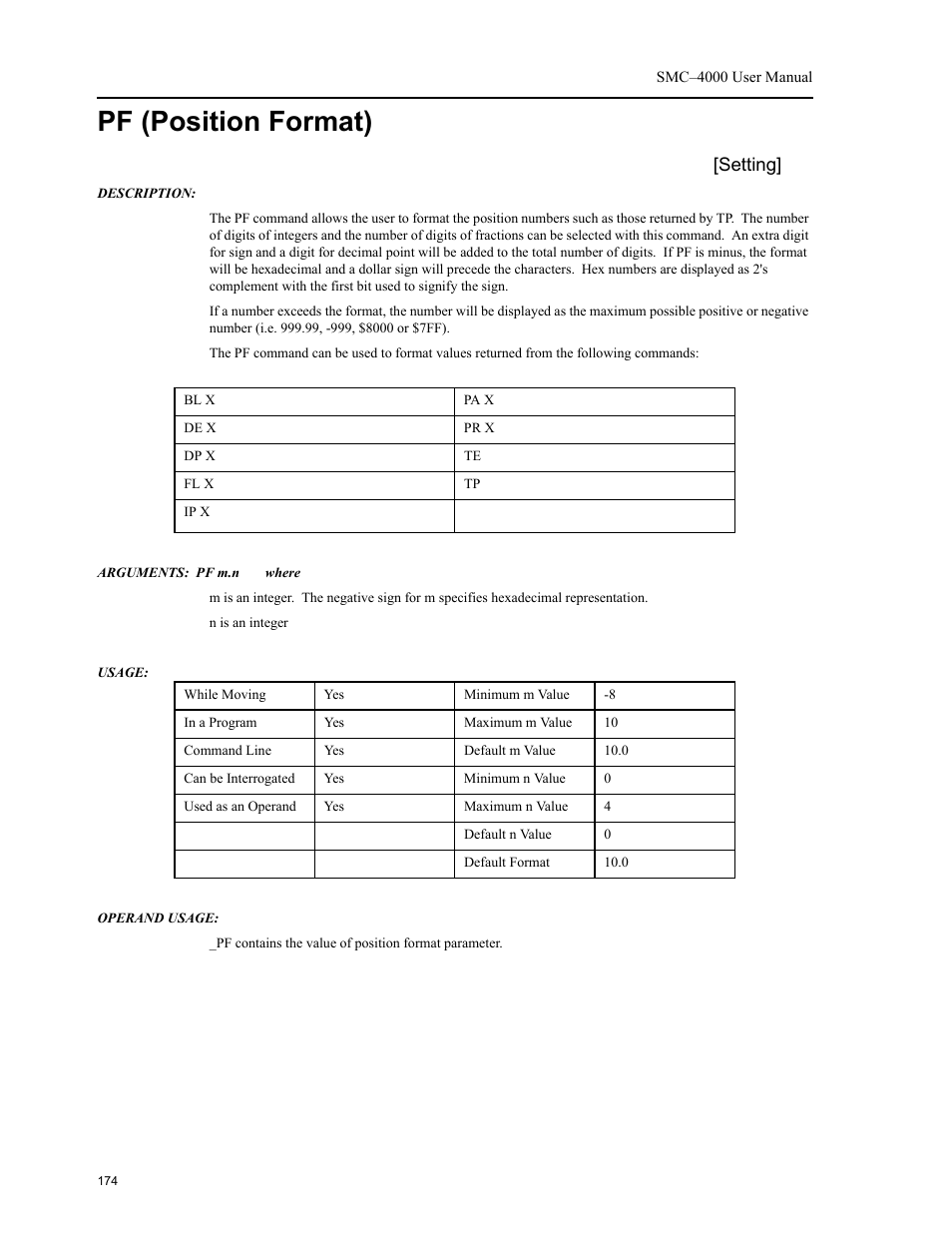 Pf (position format), Setting | Yaskawa SMC–4000 User Manual | Page 184 / 385