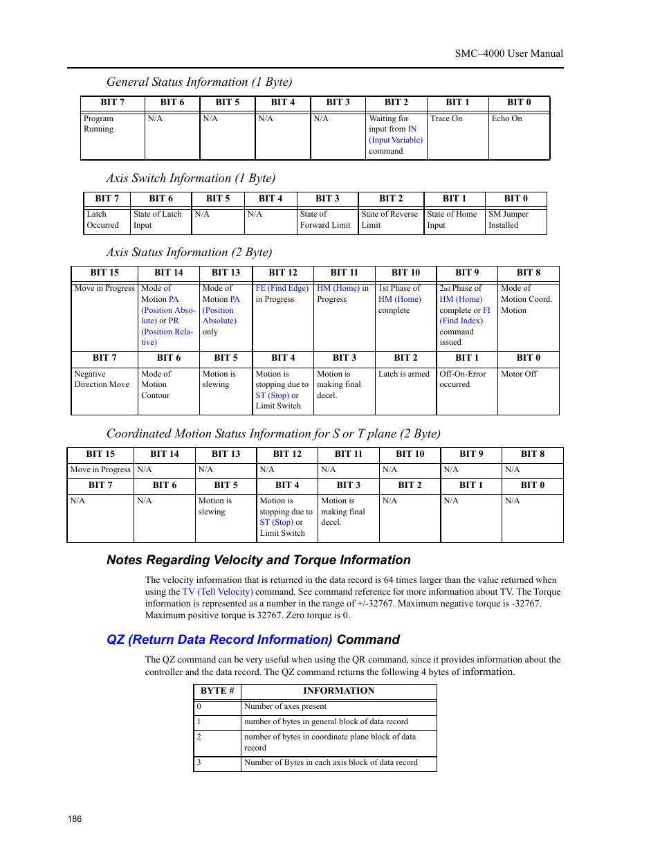 Qz (return data record information) command | Yaskawa SMC–4000 User Manual | Page 196 / 385