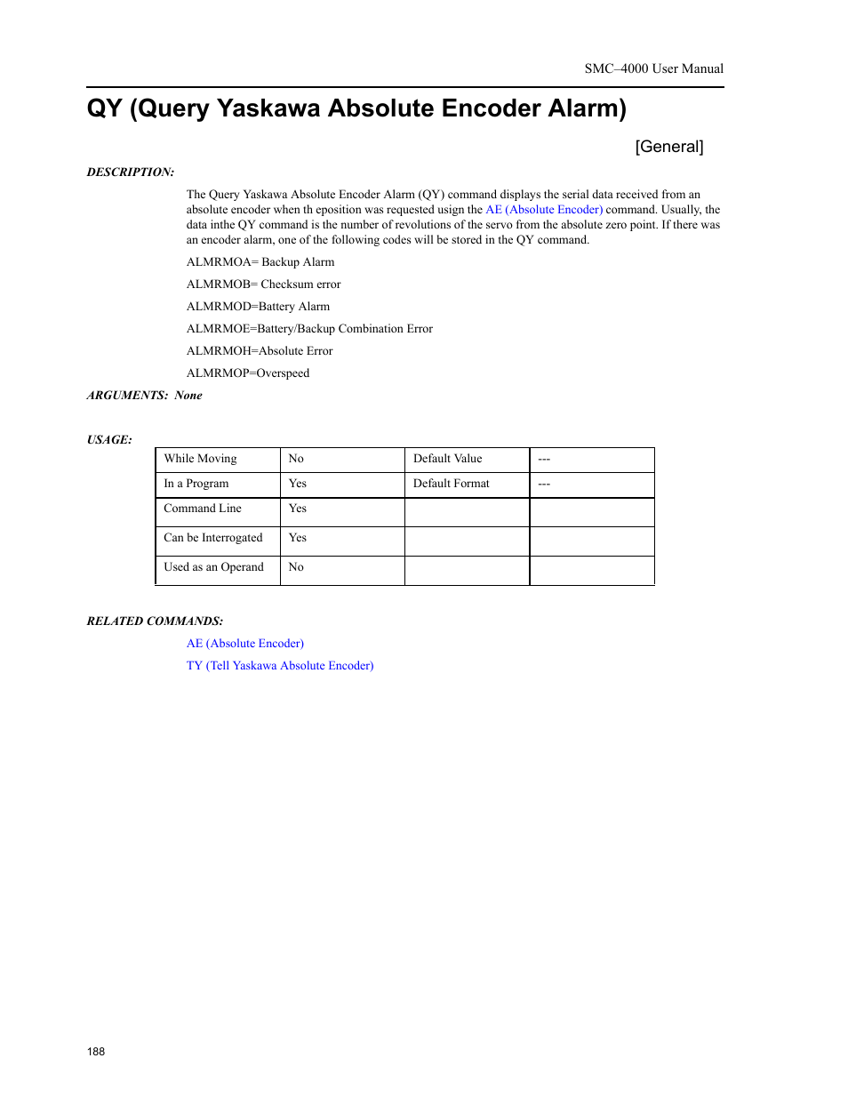 Qy (query yaskawa absolute encoder alarm), General | Yaskawa SMC–4000 User Manual | Page 198 / 385