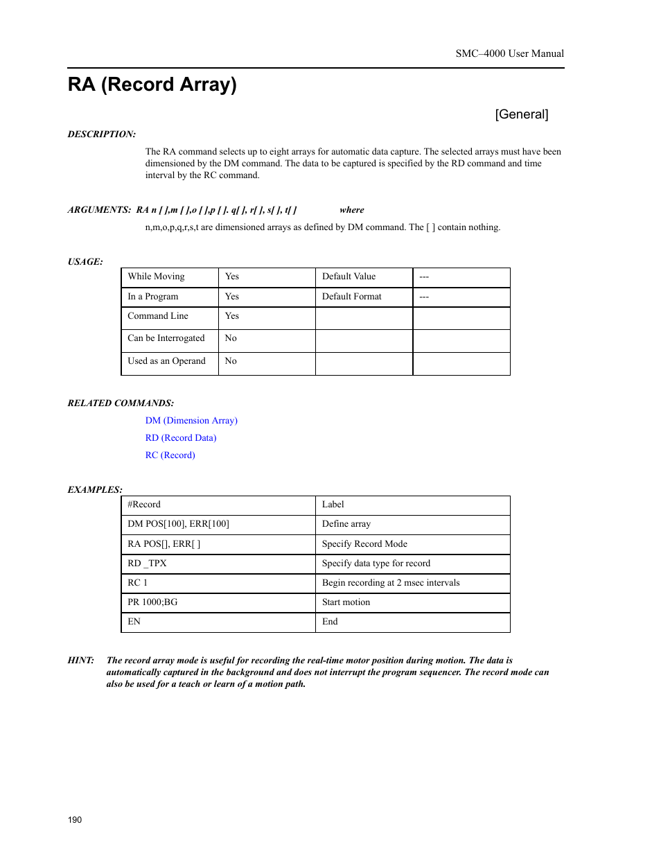 Ra (record array), General | Yaskawa SMC–4000 User Manual | Page 200 / 385